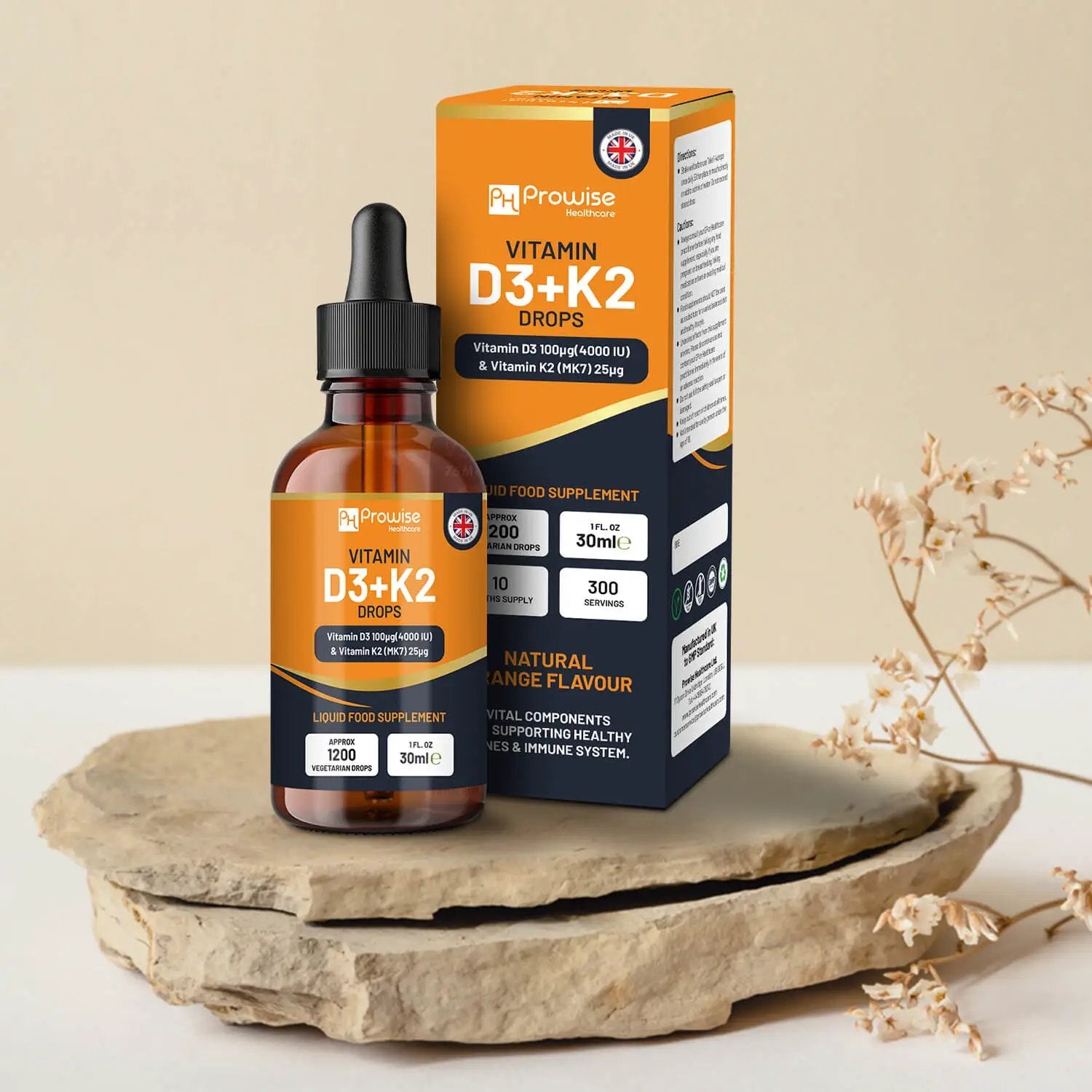 Vitamin D3 4000iu + K2 MK7 25µg Orange Liquid Drops I High Strength 30ml Bottle by Prowise Healthcare