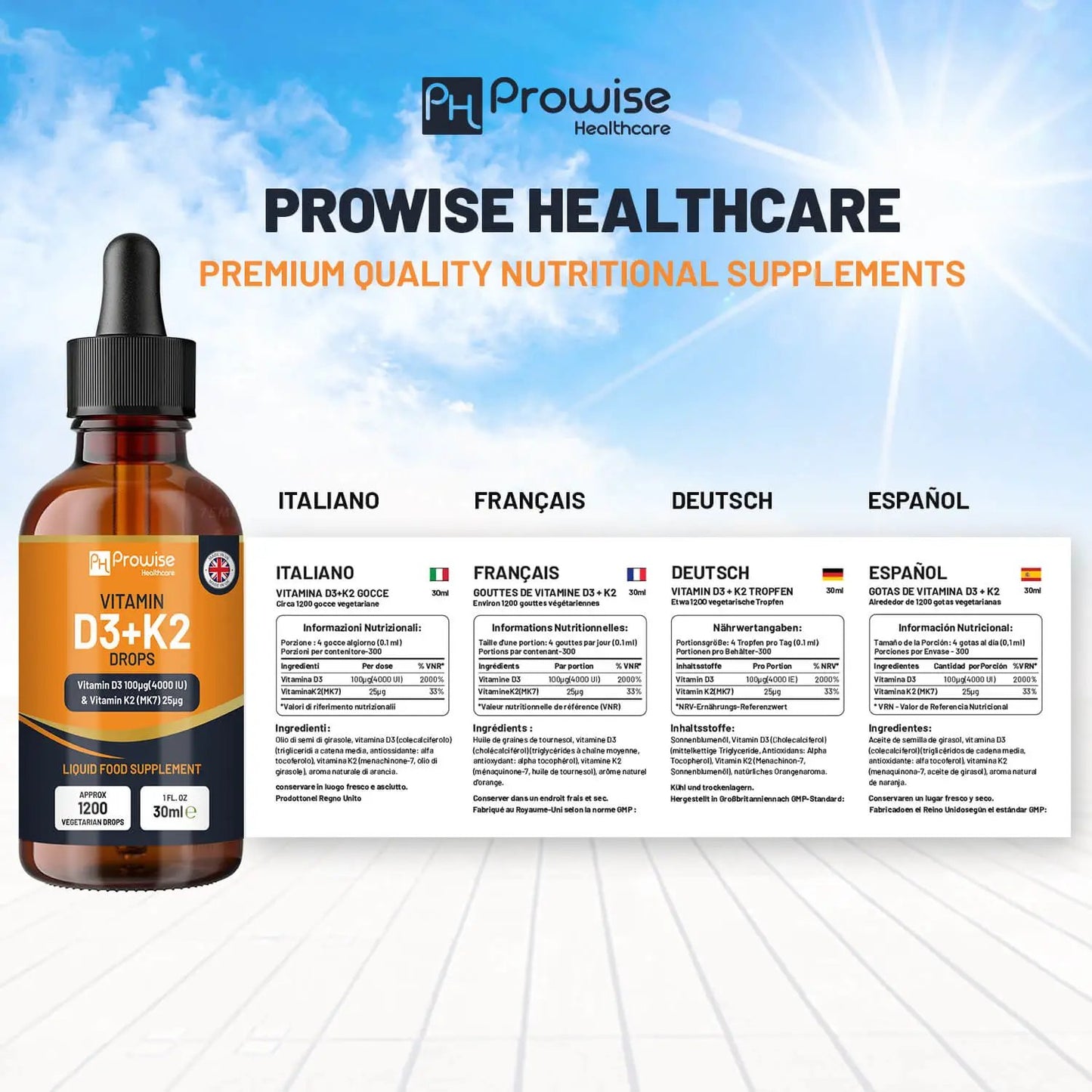 Vitamin D3 4000iu + K2 MK7 25µg Orange Liquid Drops I High Strength 30ml Bottle by Prowise Healthcare
