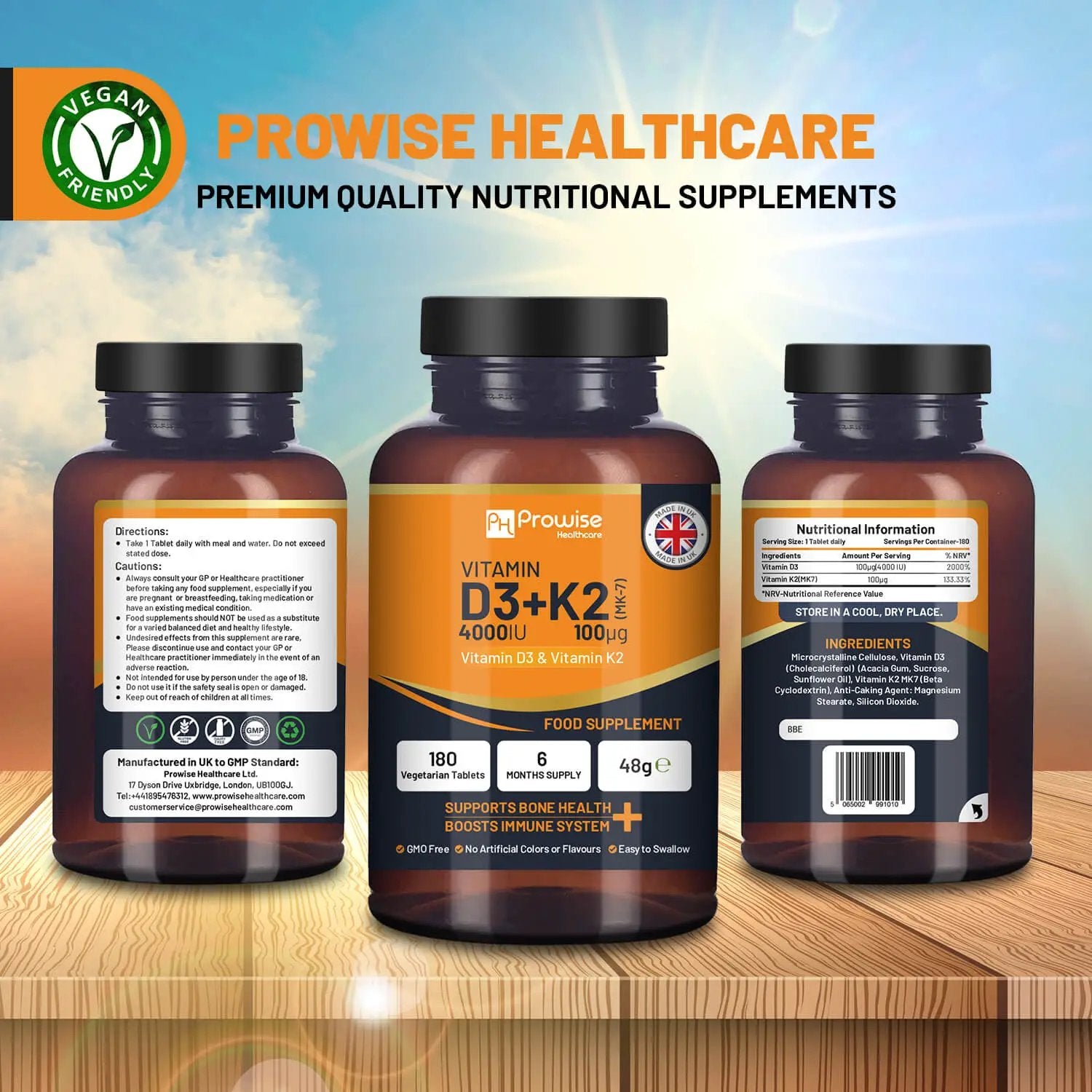 Vitamin D3 4000IU & K2 MK7 100μg Vegetarian 180 Tablets Supplement for Immune Support Calcium Boost, Bone & Muscle by Prowise by Prowise Healthcare