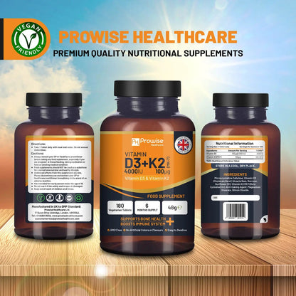 Vitamin D3 4000IU & K2 MK7 100μg Vegetarian 180 Tablets Supplement for Immune Support Calcium Boost, Bone & Muscle by Prowise by Prowise Healthcare