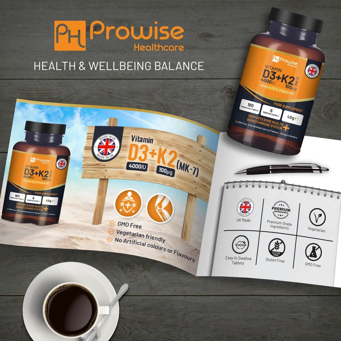 Vitamin D3 4000IU & K2 MK7 100μg Vegetarian 180 Tablets Supplement for Immune Support Calcium Boost, Bone & Muscle by Prowise by Prowise Healthcare