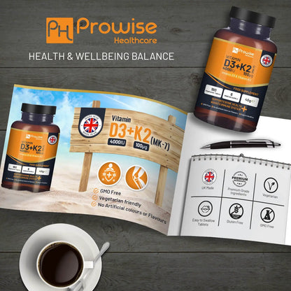 Vitamin D3 4000IU & K2 MK7 100μg Vegetarian 180 Tablets Supplement for Immune Support Calcium Boost, Bone & Muscle by Prowise by Prowise Healthcare