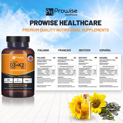 Vitamin D3 4000IU & K2 MK7 100μg Vegetarian 180 Tablets Supplement for Immune Support Calcium Boost, Bone & Muscle by Prowise by Prowise Healthcare