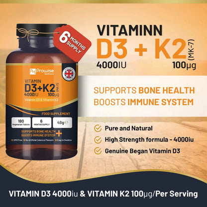 Vitamin D3 4000IU & K2 MK7 100μg Vegetarian 180 Tablets Supplement for Immune Support Calcium Boost, Bone & Muscle by Prowise by Prowise Healthcare