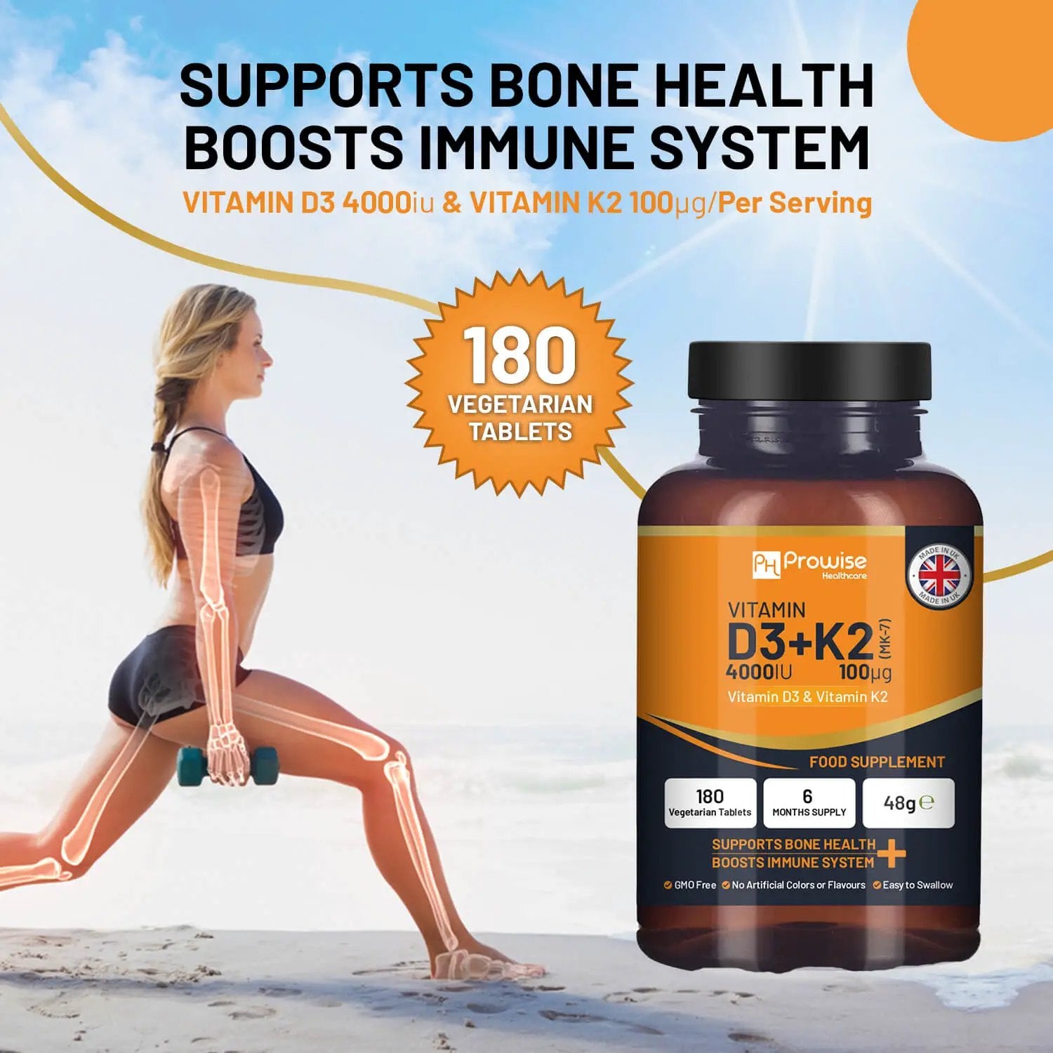 Vitamin D3 4000IU & K2 MK7 100μg Vegetarian 180 Tablets Supplement for Immune Support Calcium Boost, Bone & Muscle by Prowise by Prowise Healthcare