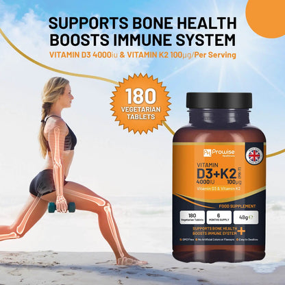 Vitamin D3 4000IU & K2 MK7 100μg Vegetarian 180 Tablets Supplement for Immune Support Calcium Boost, Bone & Muscle by Prowise by Prowise Healthcare