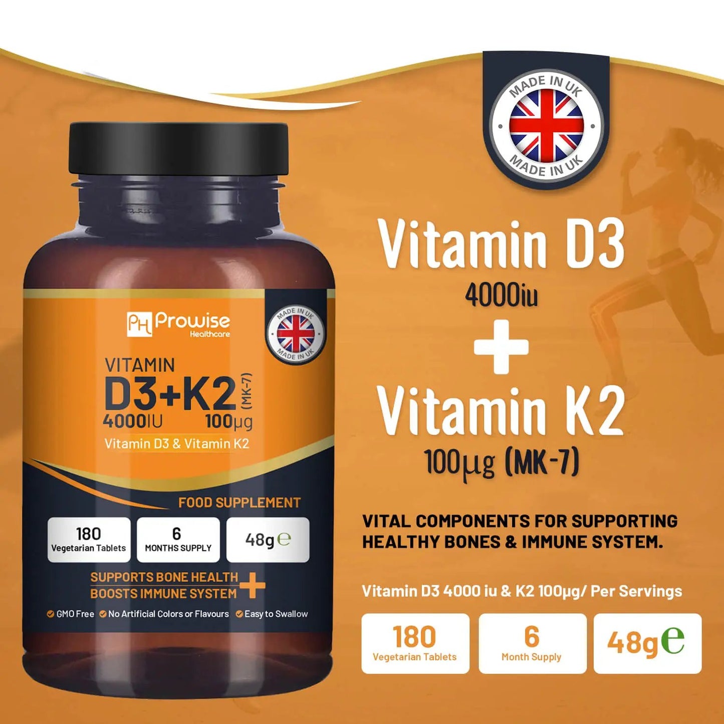 Vitamin D3 4000IU & K2 MK7 100μg Vegetarian 180 Tablets Supplement for Immune Support Calcium Boost, Bone & Muscle by Prowise by Prowise Healthcare