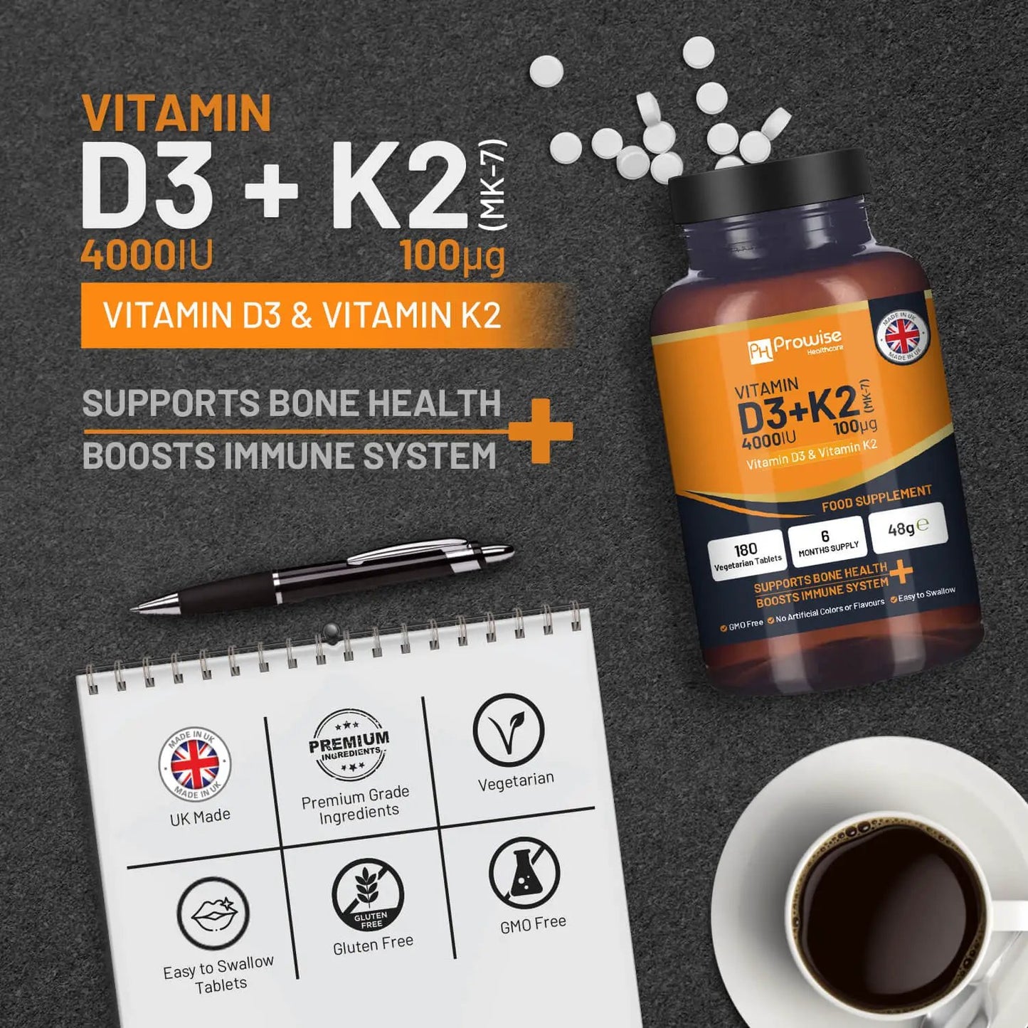 Vitamin D3 4000IU & K2 MK7 100μg Vegetarian 180 Tablets Supplement for Immune Support Calcium Boost, Bone & Muscle by Prowise by Prowise Healthcare