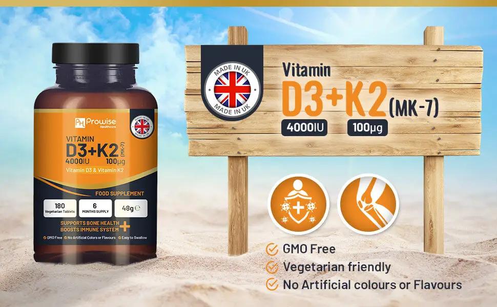 Vitamin D3 4000IU & K2 MK7 100μg Vegetarian 180 Tablets Supplement for Immune Support Calcium Boost, Bone & Muscle by Prowise by Prowise Healthcare