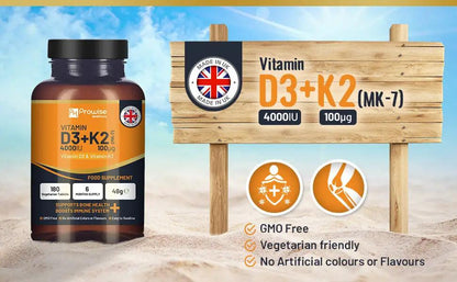 Vitamin D3 4000IU & K2 MK7 100μg Vegetarian 180 Tablets Supplement for Immune Support Calcium Boost, Bone & Muscle by Prowise by Prowise Healthcare