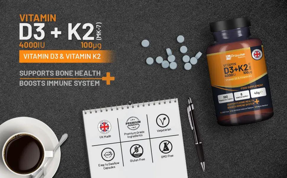 Vitamin D3 4000IU & K2 MK7 100μg Vegetarian 180 Tablets Supplement for Immune Support Calcium Boost, Bone & Muscle by Prowise by Prowise Healthcare