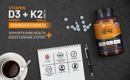 Vitamin D3 4000IU & K2 MK7 100μg Vegetarian 180 Tablets Supplement for Immune Support Calcium Boost, Bone & Muscle by Prowise by Prowise Healthcare
