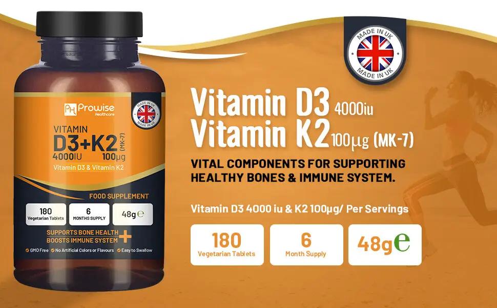 Vitamin D3 4000IU & K2 MK7 100μg Vegetarian 180 Tablets Supplement for Immune Support Calcium Boost, Bone & Muscle by Prowise by Prowise Healthcare