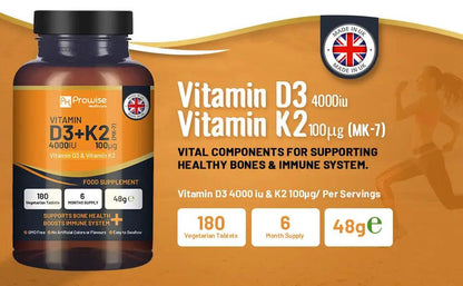 Vitamin D3 4000IU & K2 MK7 100μg Vegetarian 180 Tablets Supplement for Immune Support Calcium Boost, Bone & Muscle by Prowise by Prowise Healthcare