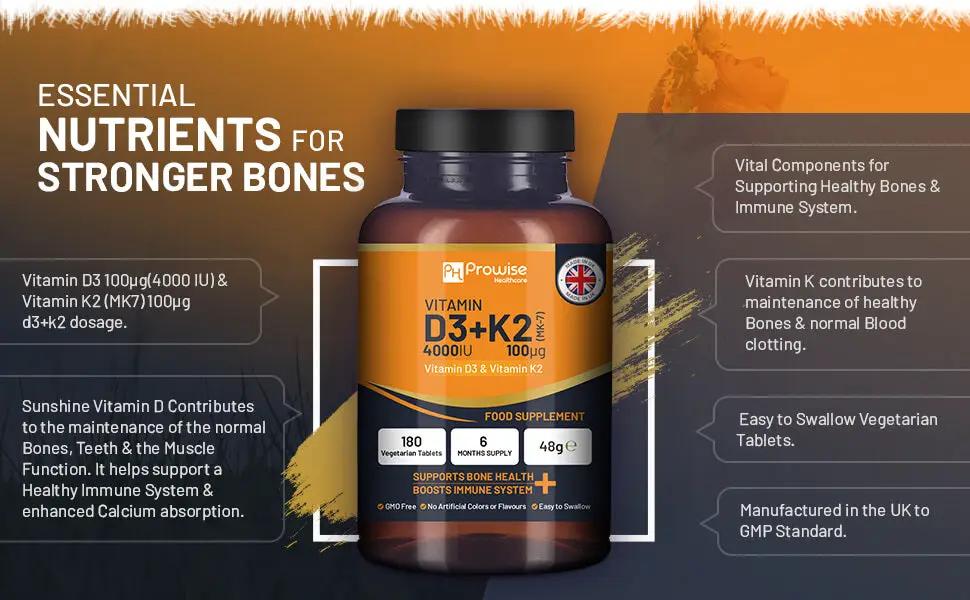 Vitamin D3 4000IU & K2 MK7 100μg Vegetarian 180 Tablets Supplement for Immune Support Calcium Boost, Bone & Muscle by Prowise by Prowise Healthcare