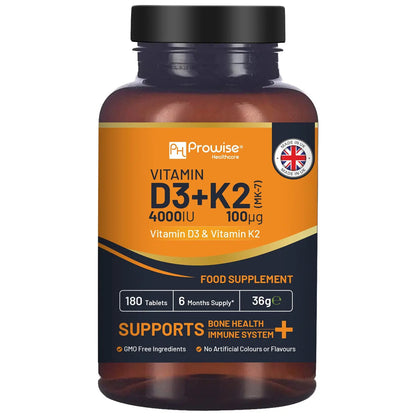 Vitamin D3 4000IU & K2 MK7 100μg Vegetarian 180 Tablets Supplement for Immune Support Calcium Boost, Bone & Muscle by Prowise by Prowise Healthcare