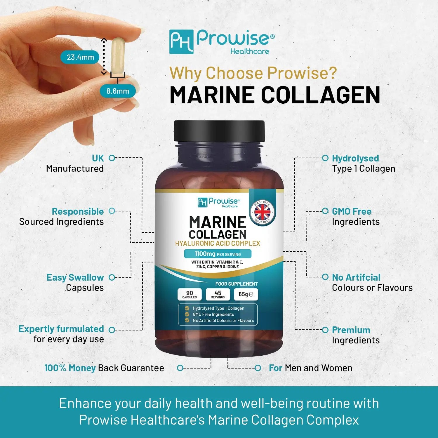 Marine Collagen with Hyaluronic Acid Complex 1100mg 90 Capsules I For Women and Men I Made in UK by Prowise by Prowise Healthcare Ltd