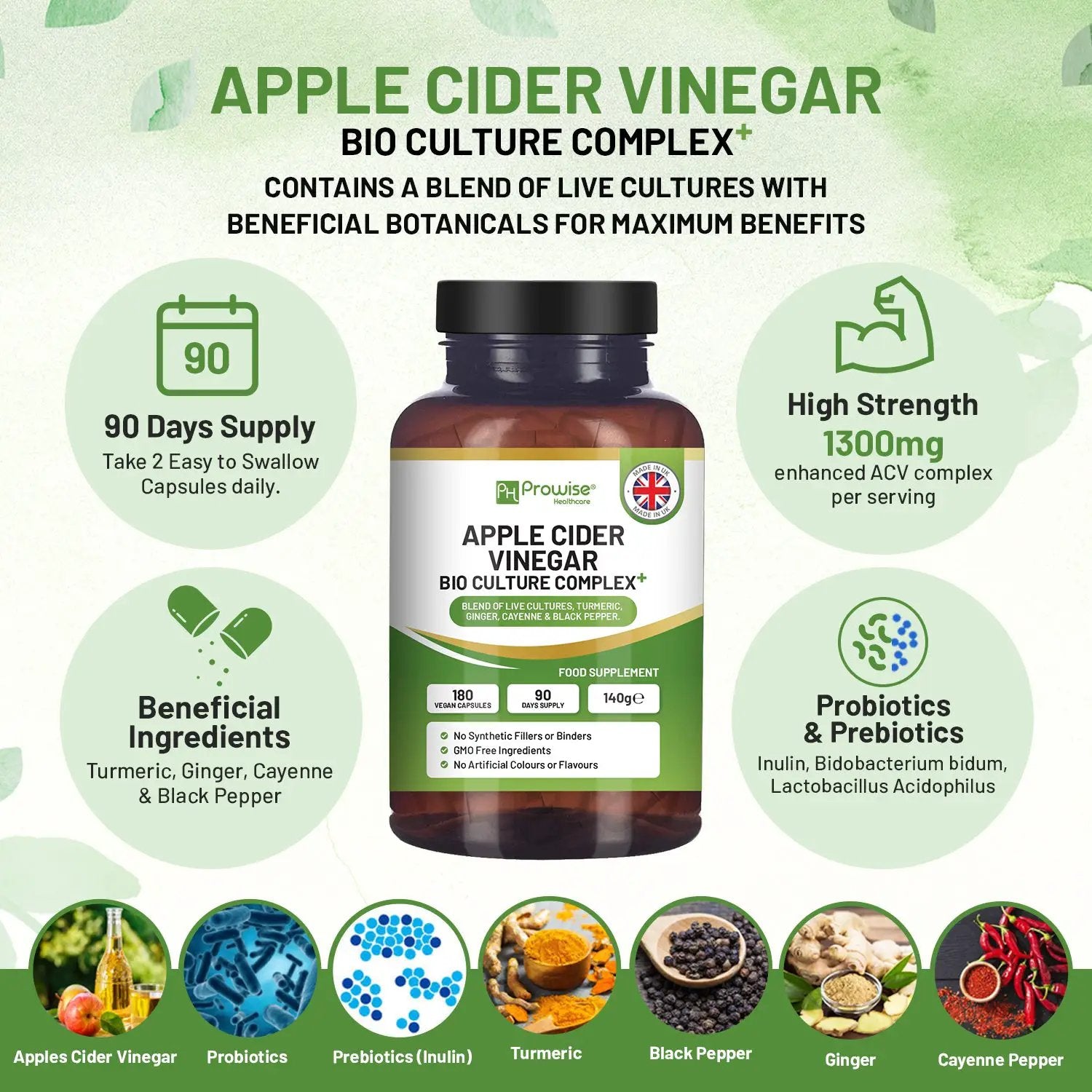 Apple Cider Vinegar with Bio Cultures Complex 1300mg 180 capsules I Vegan I Made in UK by Prowise by Prowise Hea;thcare Ltd