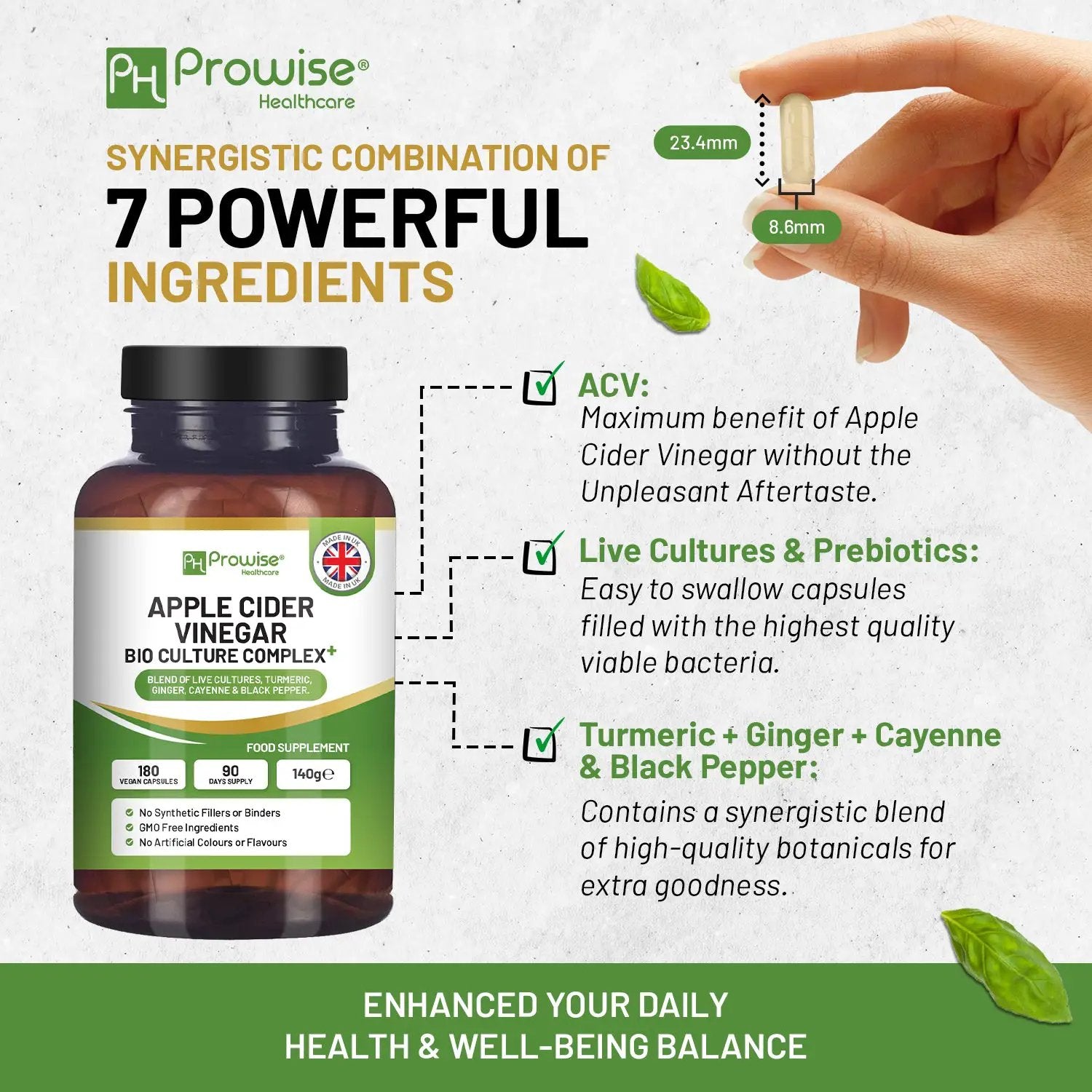 Apple Cider Vinegar with Bio Cultures Complex 1300mg 180 capsules I Vegan I Made in UK by Prowise by Prowise Hea;thcare Ltd
