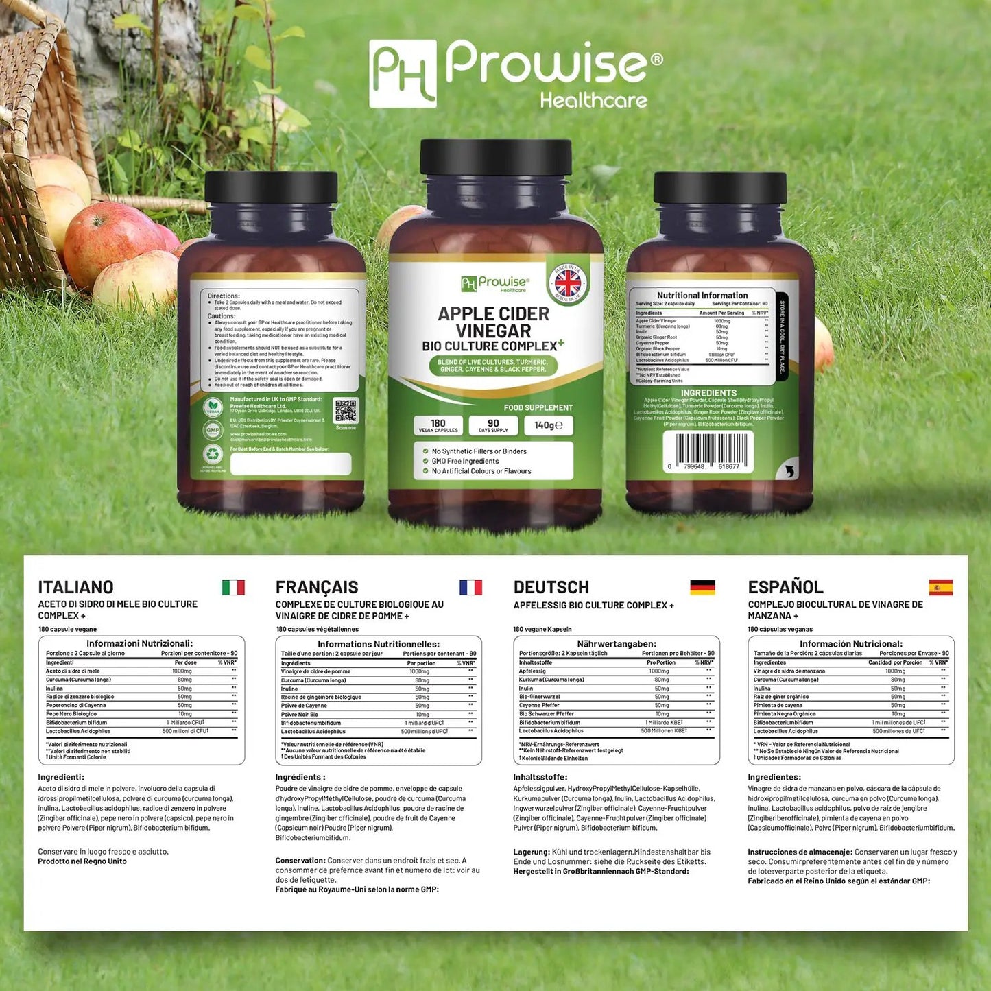 Apple Cider Vinegar with Bio Cultures Complex 1300mg 180 capsules I Vegan I Made in UK by Prowise by Prowise Hea;thcare Ltd
