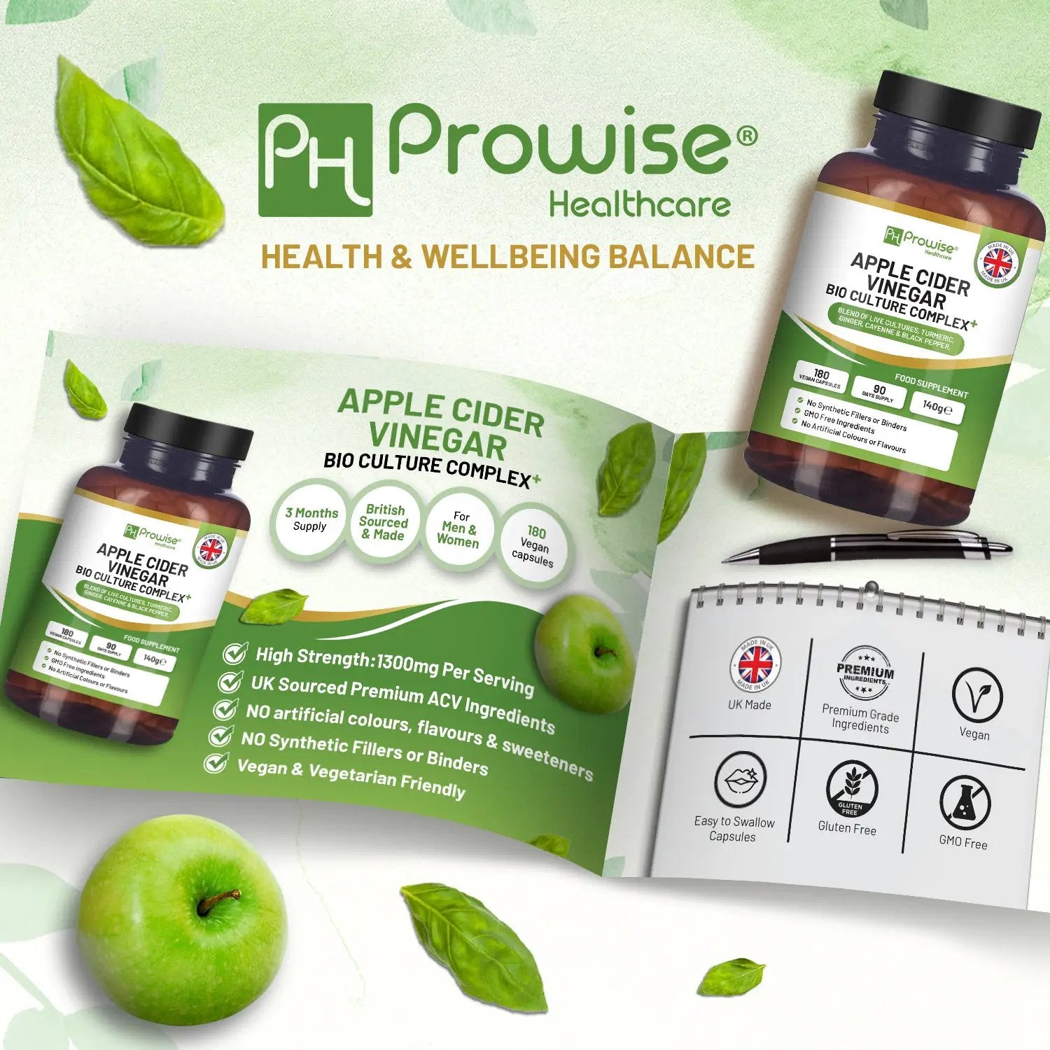 Apple Cider Vinegar with Bio Cultures Complex 1300mg 180 capsules I Vegan I Made in UK by Prowise by Prowise Hea;thcare Ltd