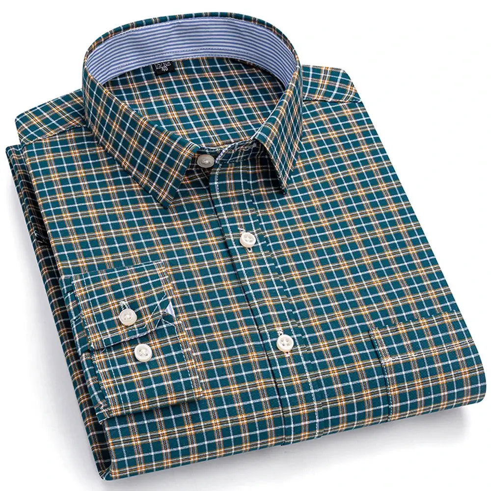 Men's Trendy Plaid Striped Lapel Collar Design Cotton Dress Shirts, Long Sleeve Casual Button Up Commuter Shirt For Spring/Fall by All Mart Bristol Ltd