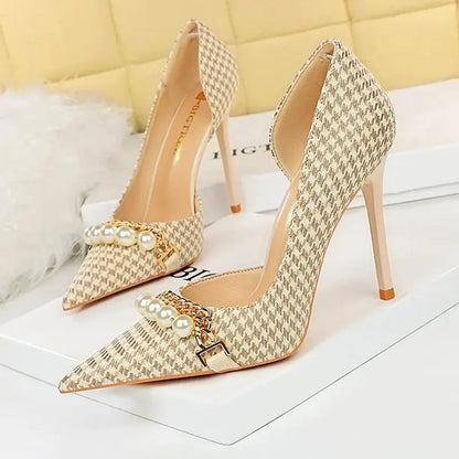 BIGTREE Shoes 2026 Spring Women Pumps Pearl Metal Chain High-heels Checked Grain Stilettos Women Heels Luxury Banquet Shoes 43 by All Mart Bristol Ltd