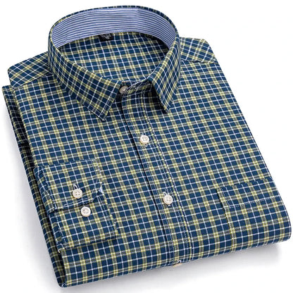 Men's Trendy Plaid Striped Lapel Collar Design Cotton Dress Shirts, Long Sleeve Casual Button Up Commuter Shirt For Spring/Fall by All Mart Bristol Ltd