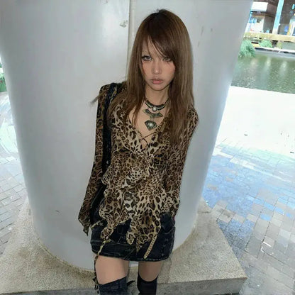 karrram Japanese Y2k Leopard Print Shirt Vintage Harajuku Ruffled Blouses Grunge Aesthetics V-neck Irregular Shirt Trashy 90s by All Mart Bristol Ltd