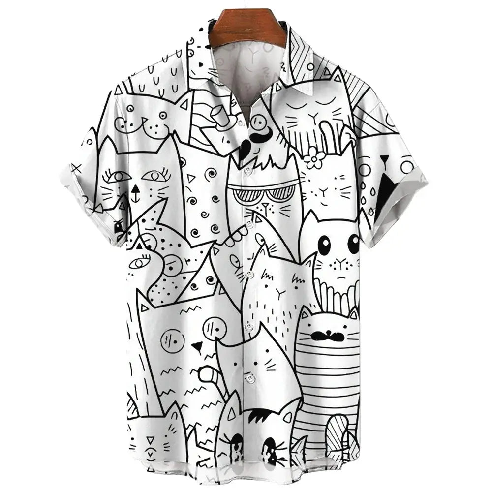 Men's Short Sleeve Shirt Fashion Cartoon Line Cat Pattern Print Top Women's Casual Button Shirt Top by All Mart Bristol Ltd