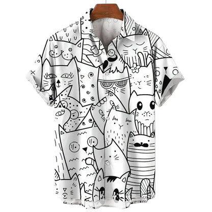 Men's Short Sleeve Shirt Fashion Cartoon Line Cat Pattern Print Top Women's Casual Button Shirt Top by All Mart Bristol Ltd