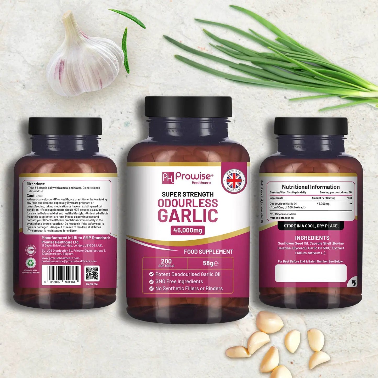 Premium Odourless Garlic Capsules - High Strength 45,000mg - 200 Softgels by Prowise by Prowise Healthcare