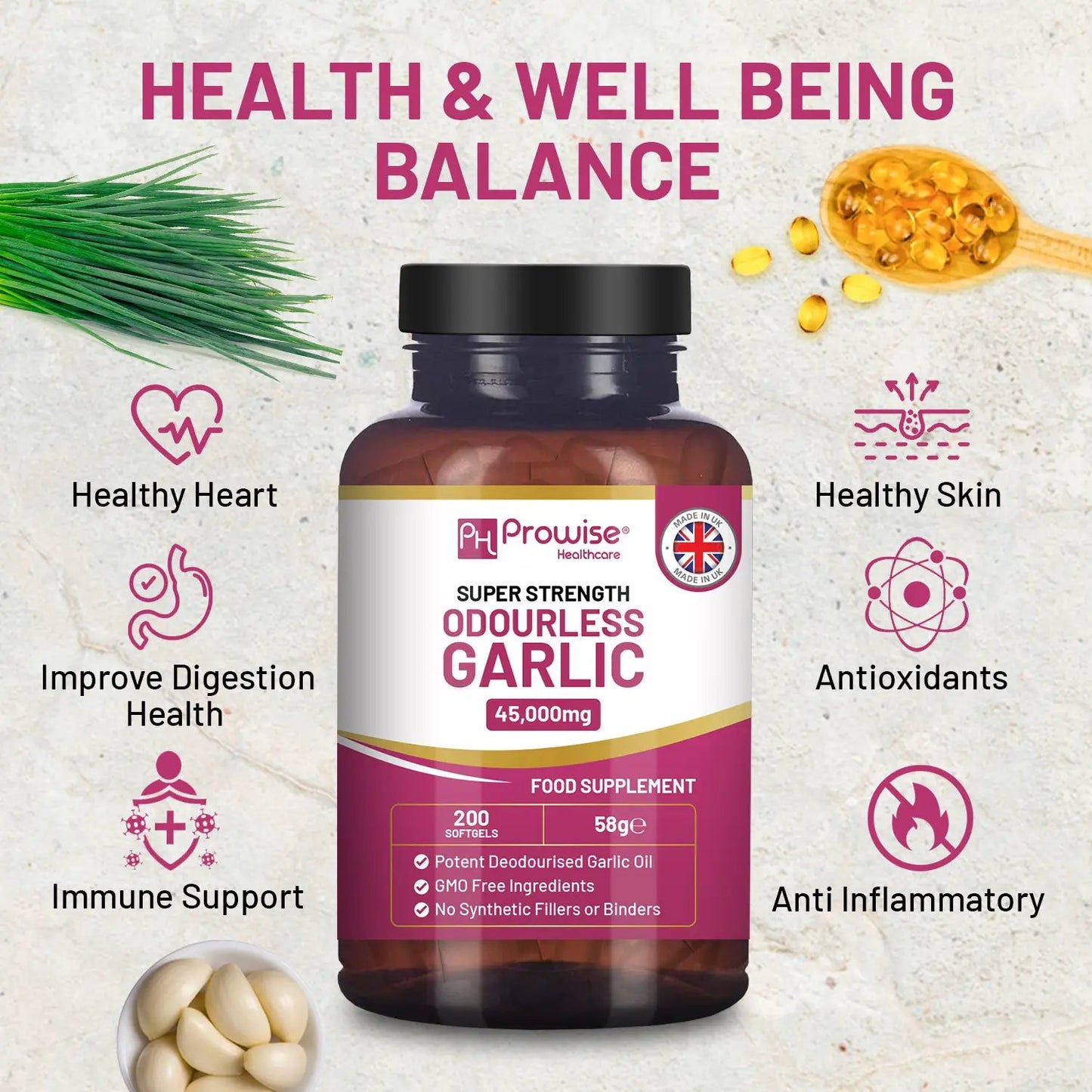 Premium Odourless Garlic Capsules - High Strength 45,000mg - 200 Softgels by Prowise by Prowise Healthcare