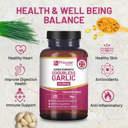 Premium Odourless Garlic Capsules - High Strength 45,000mg - 200 Softgels by Prowise by Prowise Healthcare