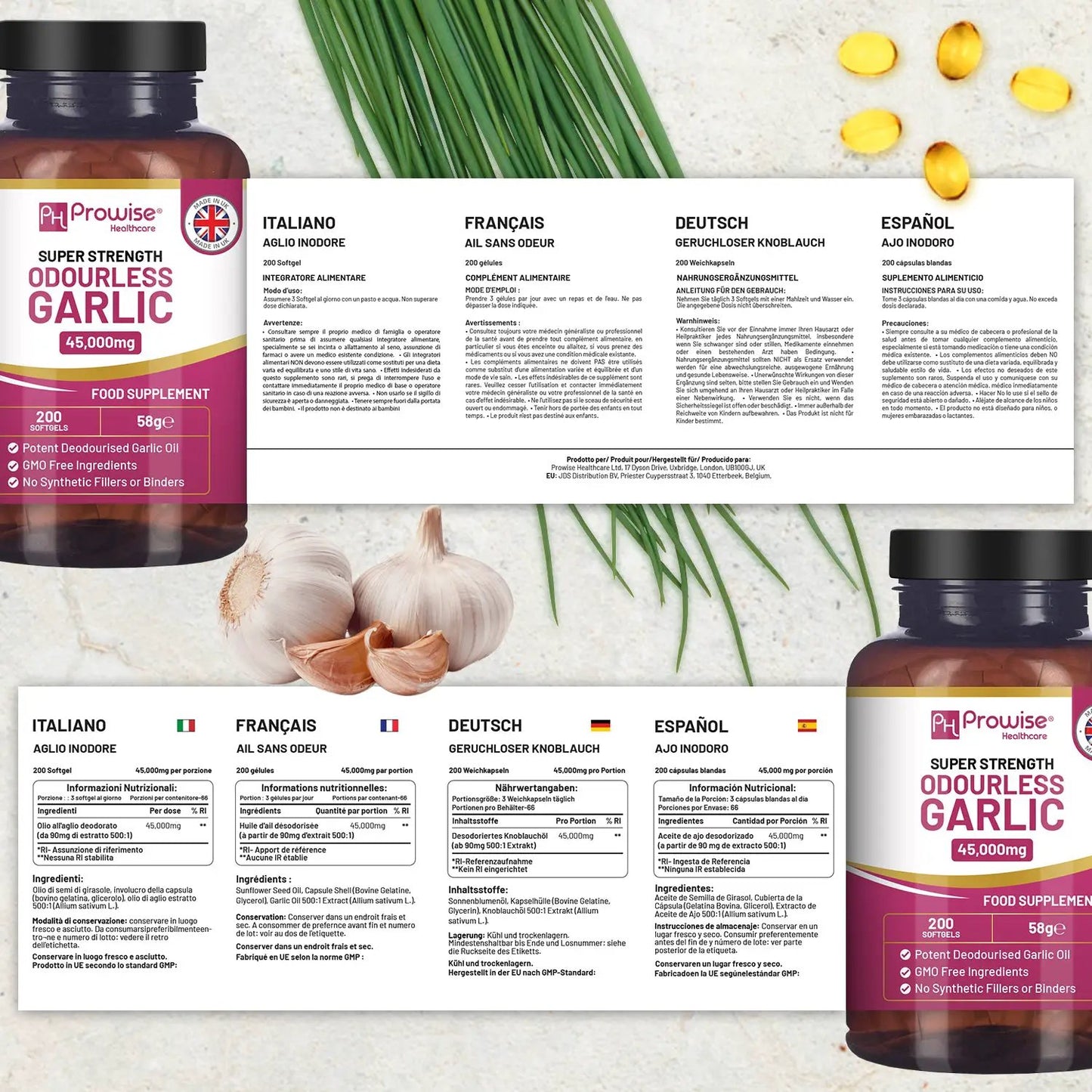 Premium Odourless Garlic Capsules - High Strength 45,000mg - 200 Softgels by Prowise by Prowise Healthcare