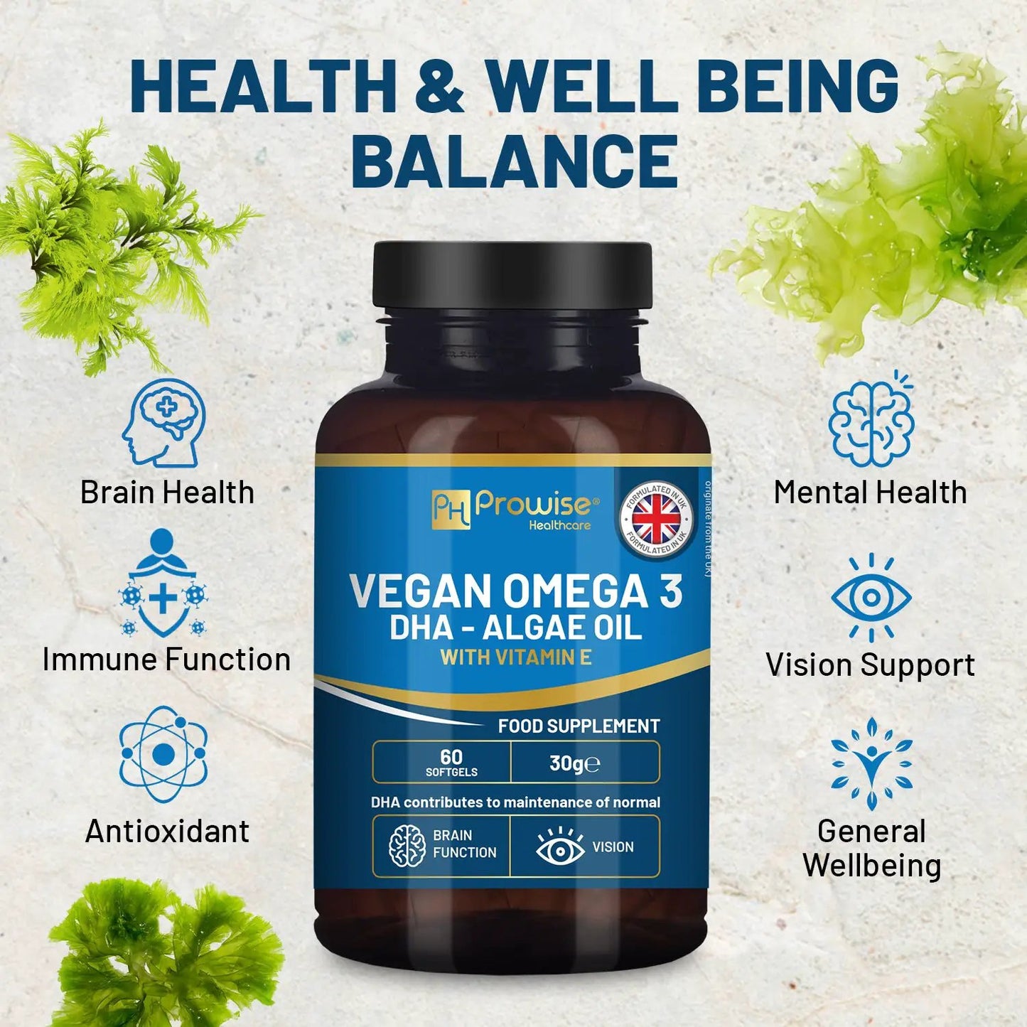Prowise Vegan Omega-3 DHA from Algae Oil | 60 Softgels with Vitamin E by Prowise Healthcare