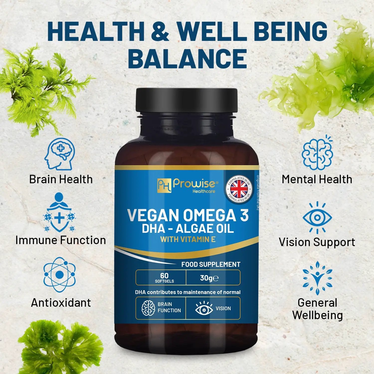 Prowise Vegan Omega-3 DHA from Algae Oil | 60 Softgels with Vitamin E by Prowise Healthcare