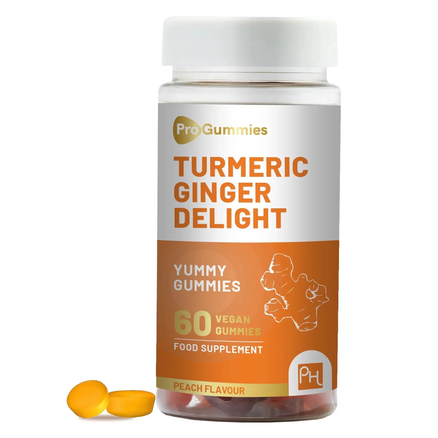 Turmeric and Ginger Gummies | 60 Vegan Pro Gummies | Natural Peach Flavour by Prowise Healthcare