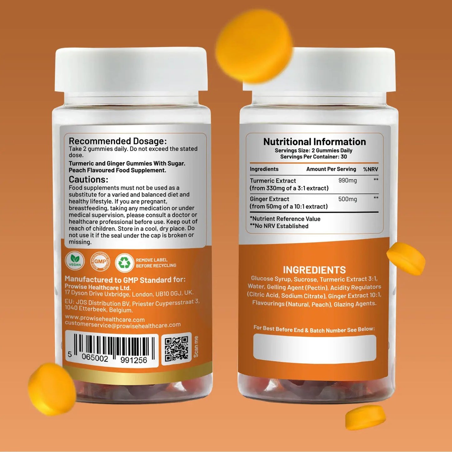 Turmeric and Ginger Gummies | 60 Vegan Pro Gummies | Natural Peach Flavour by Prowise Healthcare