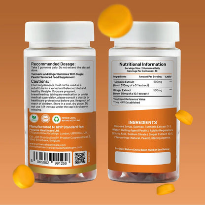 Turmeric and Ginger Gummies | 60 Vegan Pro Gummies | Natural Peach Flavour by Prowise Healthcare