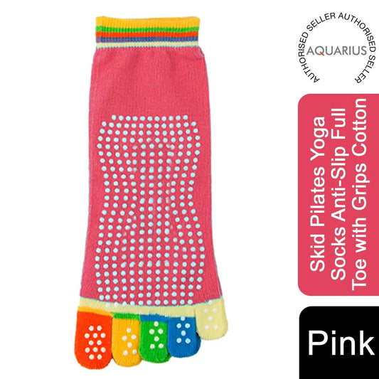 Non Slip Skid Pilates Yoga Socks Anti-Slip Full Toe with Grips Cotton[Pink] by Aquarius