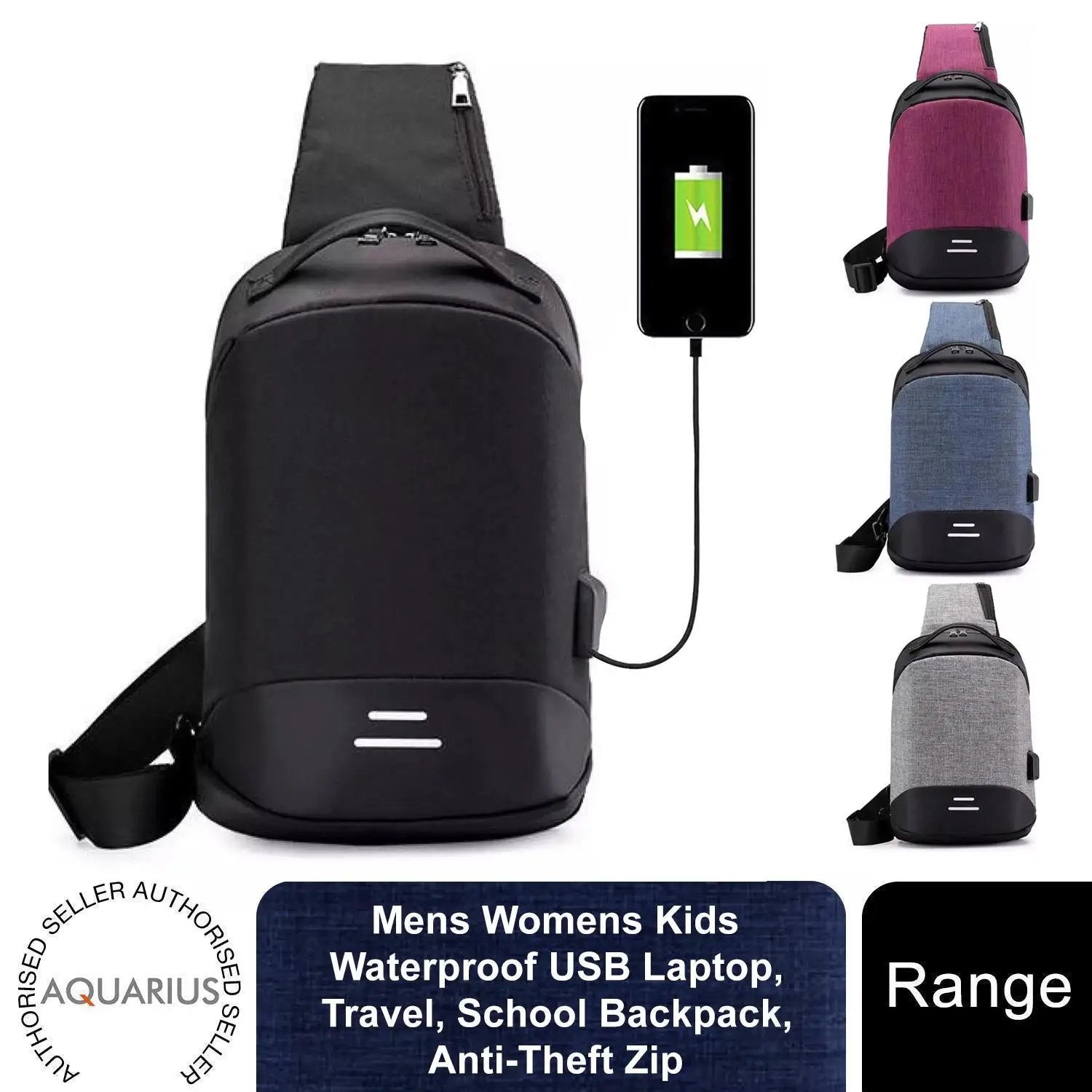 Mens Womens Kids Waterproof USB Laptop, Travel, School Backpack, Anti-Theft Zip by Aquarius
