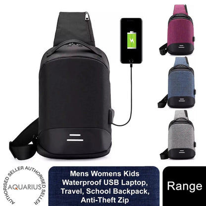 Mens Womens Kids Waterproof USB Laptop, Travel, School Backpack, Anti-Theft Zip by Aquarius