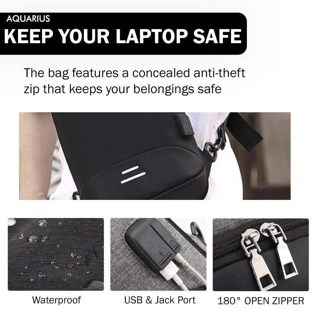 Mens Womens Kids Waterproof USB Laptop, Travel, School Backpack, Anti-Theft Zip by Aquarius