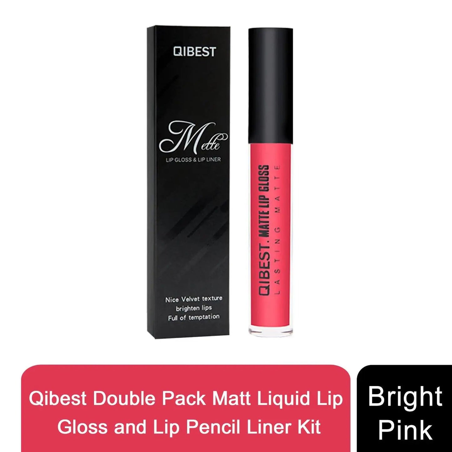 Qibest Double Pack Matt Liquid Lip Gloss and Lip Pencil Liner Kit, Bright Pink by Make Up