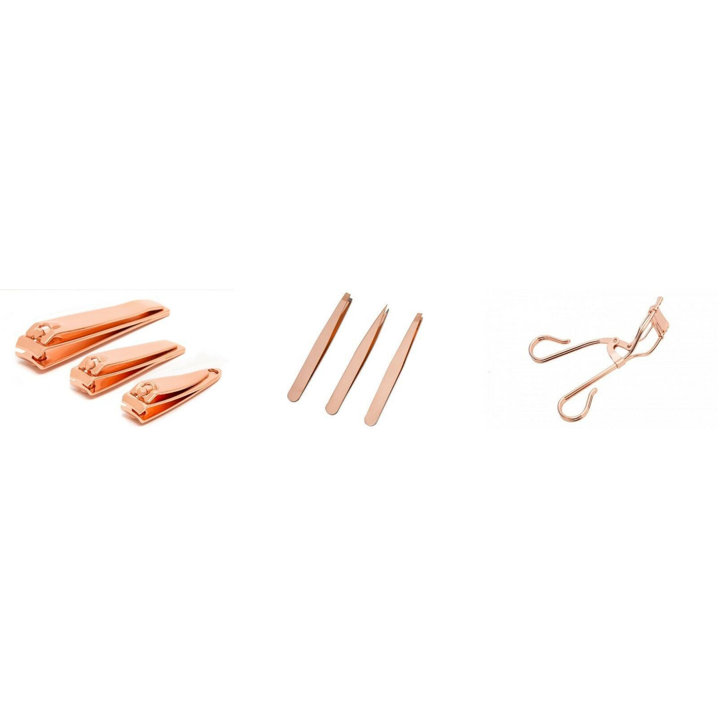 3Pcs Nail Clipper 3Pcs Tweezer 1Pc Eyelash Curler Rose Gold Professional Styling by Aquarius