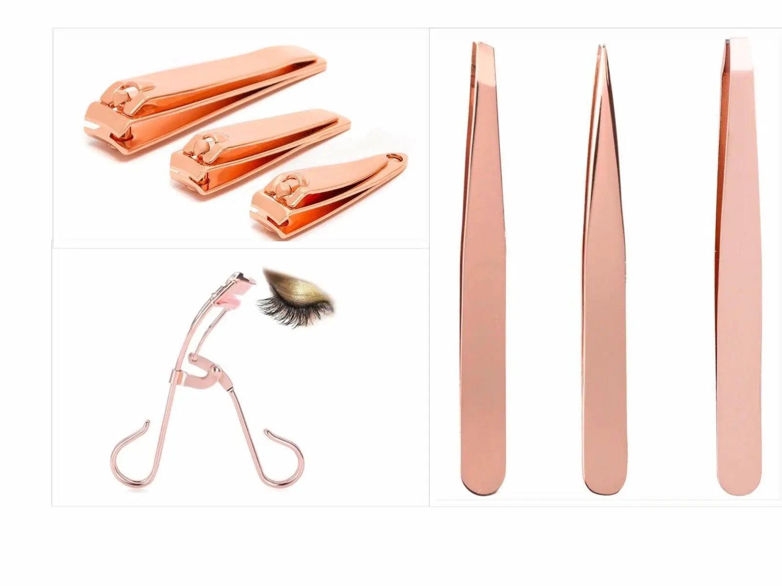 3Pcs Nail Clipper 3Pcs Tweezer 1Pc Eyelash Curler Rose Gold Professional Styling by Aquarius