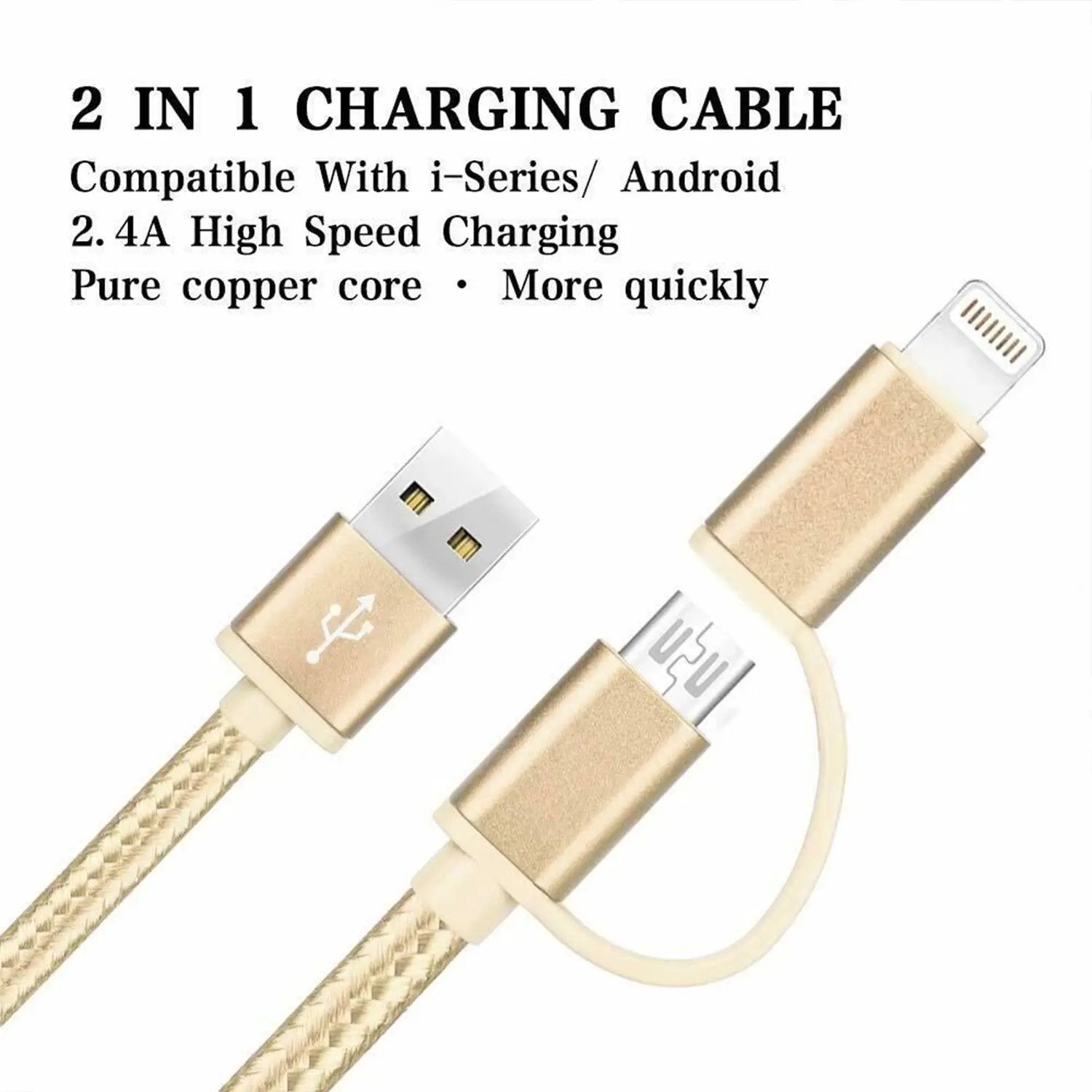 FX Powabud Nylon Braided USB Cable with 2 in 1 Dual Lightning Connector Cord[Gold] by FX