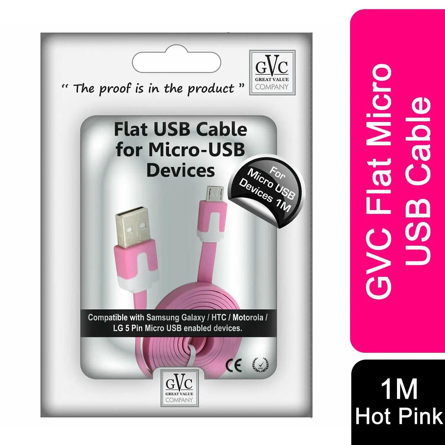 GVC 1 Metre Strong Tangle Free Flat Micro USB Cable for Sync & Charge, Hot Pink by GVC