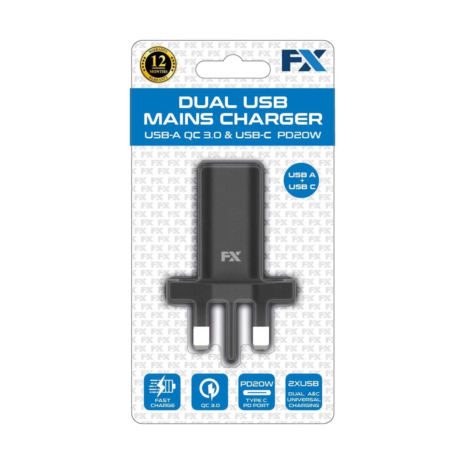 FX Dual UK Main Charger USB-C and USB-A, White by FX